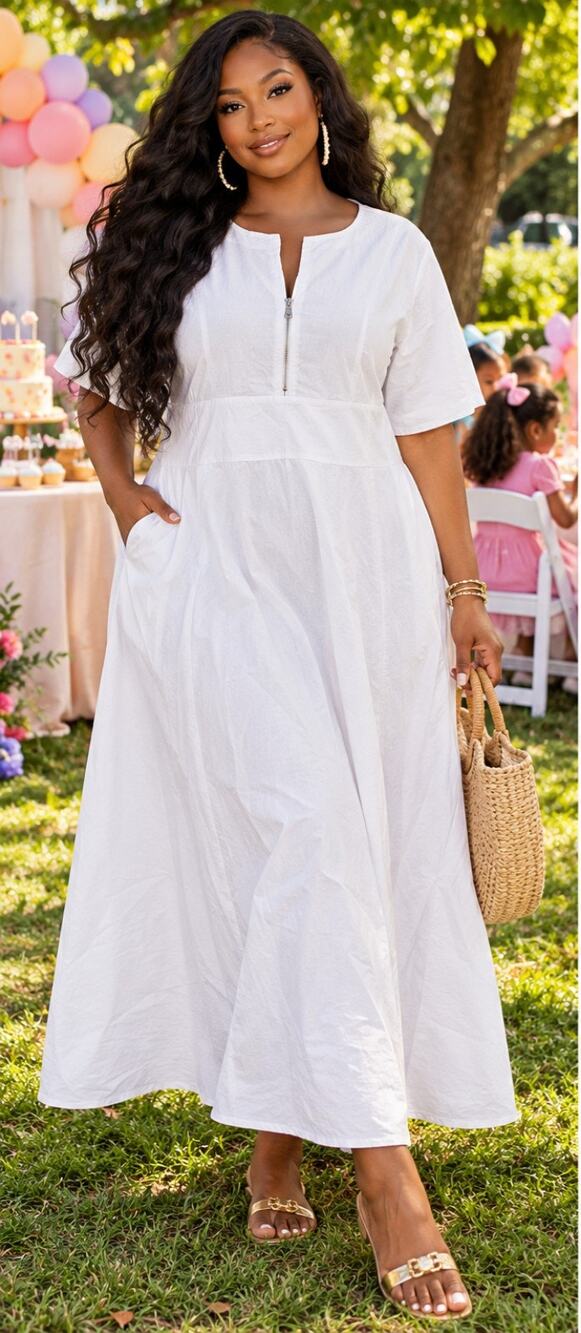 #2-12 MSRP $45 NWT OSHOPLIVE CHIC WHITE FRONT-ZIP MIDI A-LINE DRESS ♡SIZE L♡
